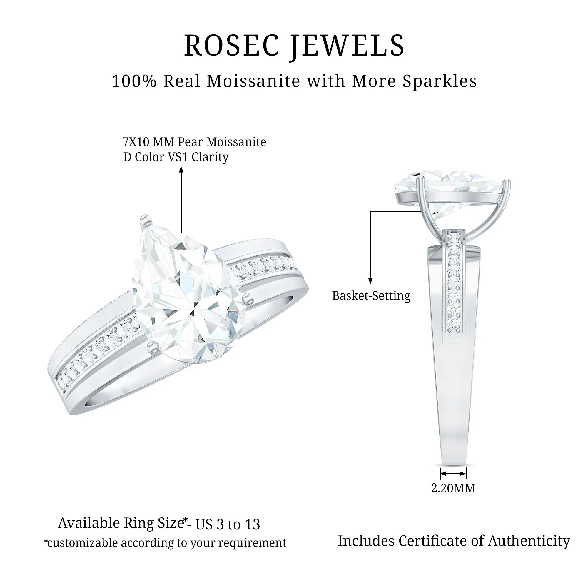 2 CT Pear Cut Moissanite Two Tone Engagement Ring