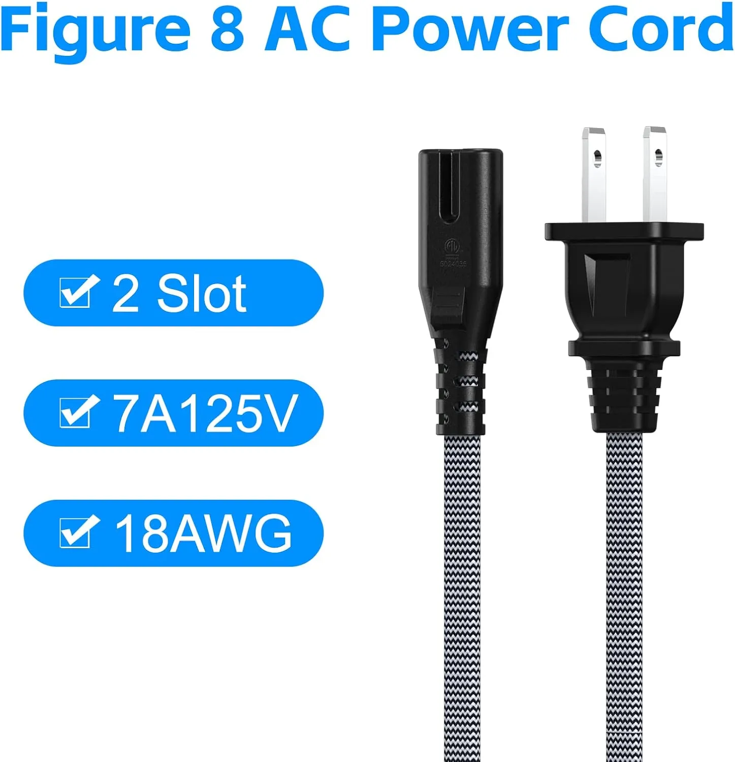 AC Power Cord 10FT(2 Pack), 2 Prong TV Power Cord, Nylon Braid Cable Replacement for Xbox One, PS3, PS4, PS5, Compatible for Printer, Monitor, Sound Bar, Game Console