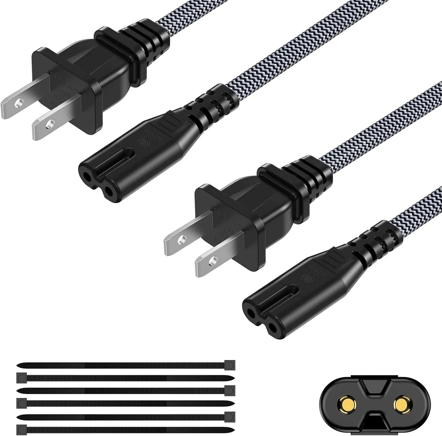 AC Power Cord 10FT(2 Pack), 2 Prong TV Power Cord, Nylon Braid Cable Replacement for Xbox One, PS3, PS4, PS5, Compatible for Printer, Monitor, Sound Bar, Game Console