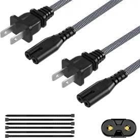 AC Power Cord 10FT(2 Pack), 2 Prong TV Power Cord, Nylon Braid Cable Replacement for Xbox One, PS3, PS4, PS5, Compatible for Printer, Monitor, Sound Bar, Game Console