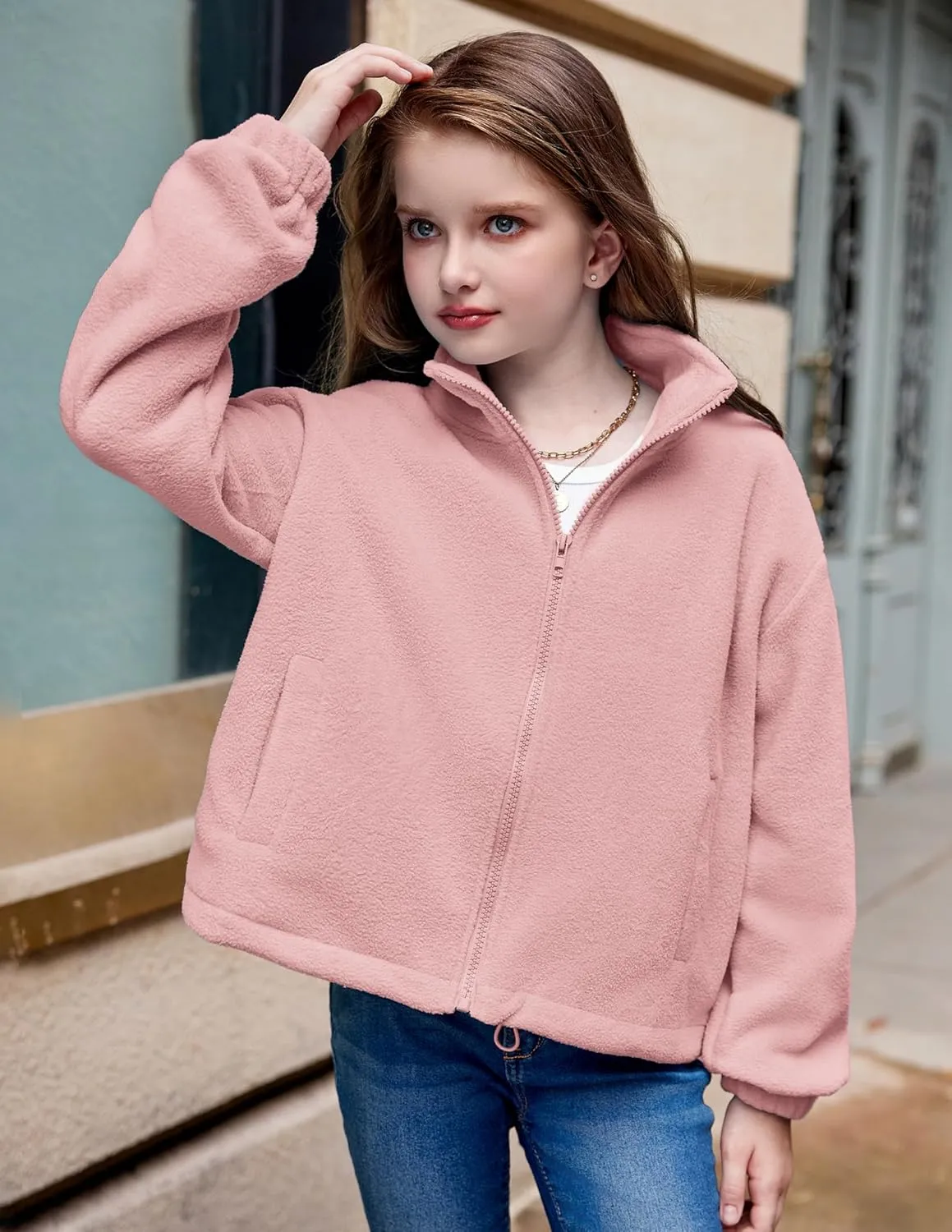 Arshiner Girls Zip Up Fleece Jacket Fall Winter Sherpa Sweatshirts Warm Outwear Crop Coat with Pockets