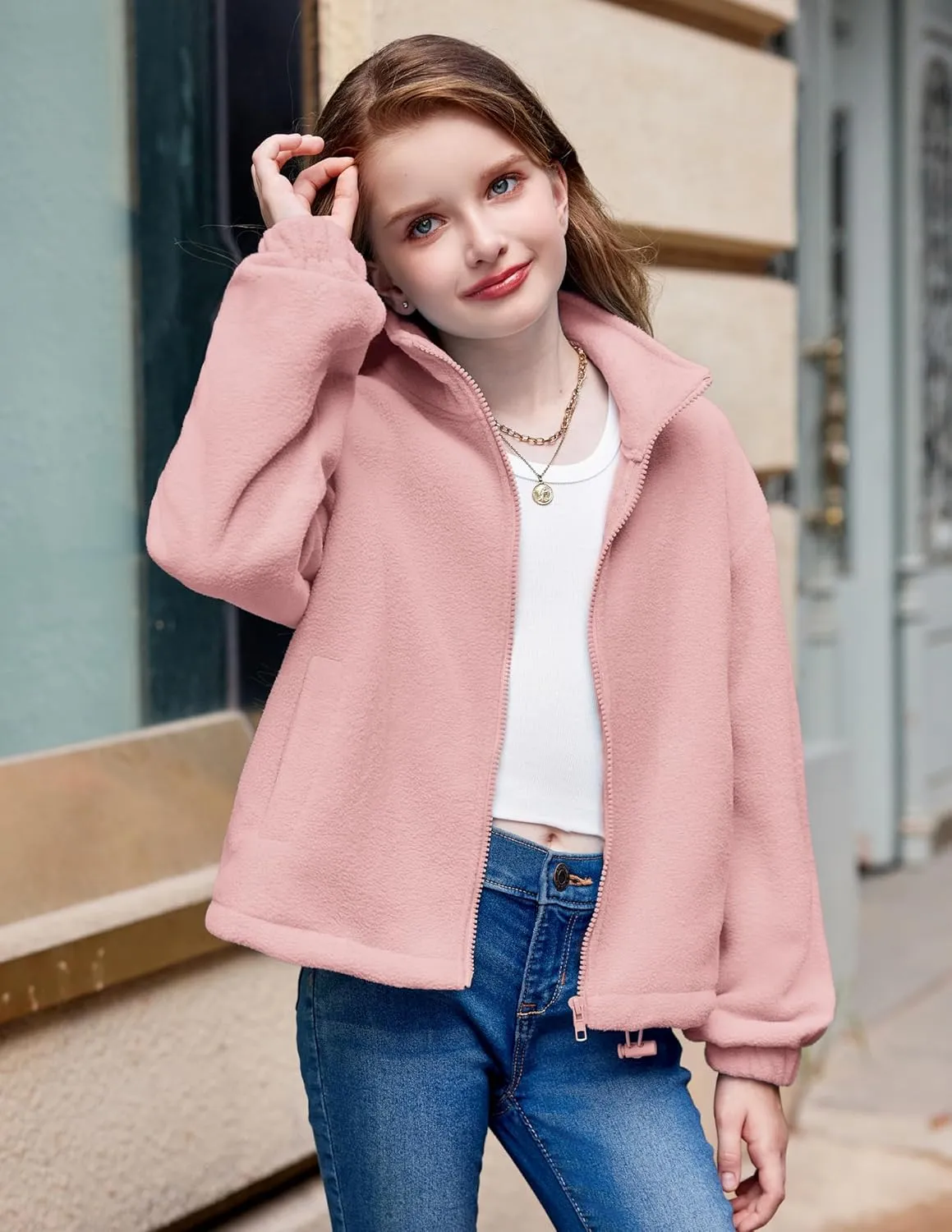 Arshiner Girls Zip Up Fleece Jacket Fall Winter Sherpa Sweatshirts Warm Outwear Crop Coat with Pockets