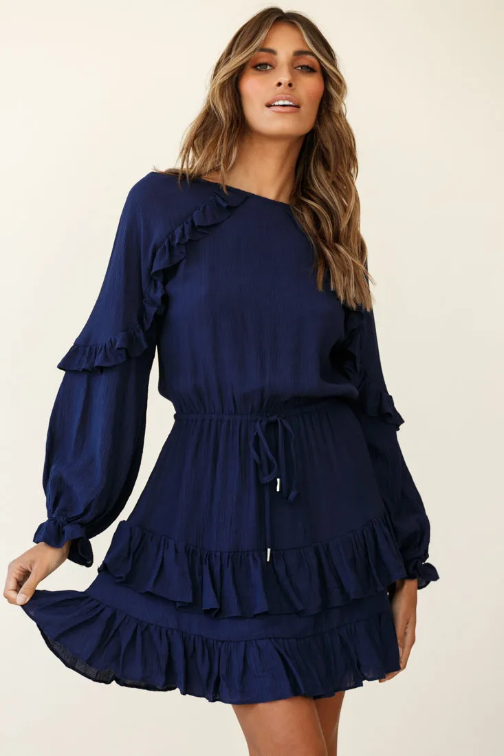 Best Wishes Long Sleeve Frill Detail Dress Navy