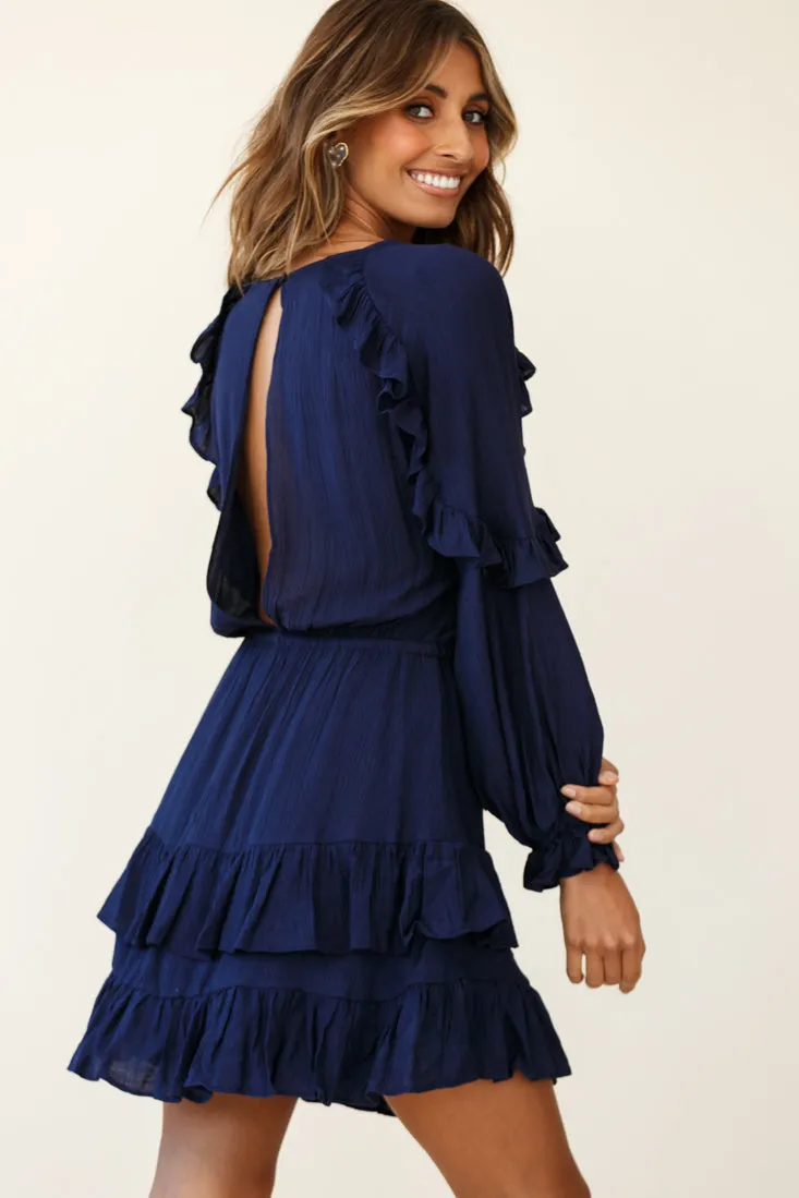 Best Wishes Long Sleeve Frill Detail Dress Navy