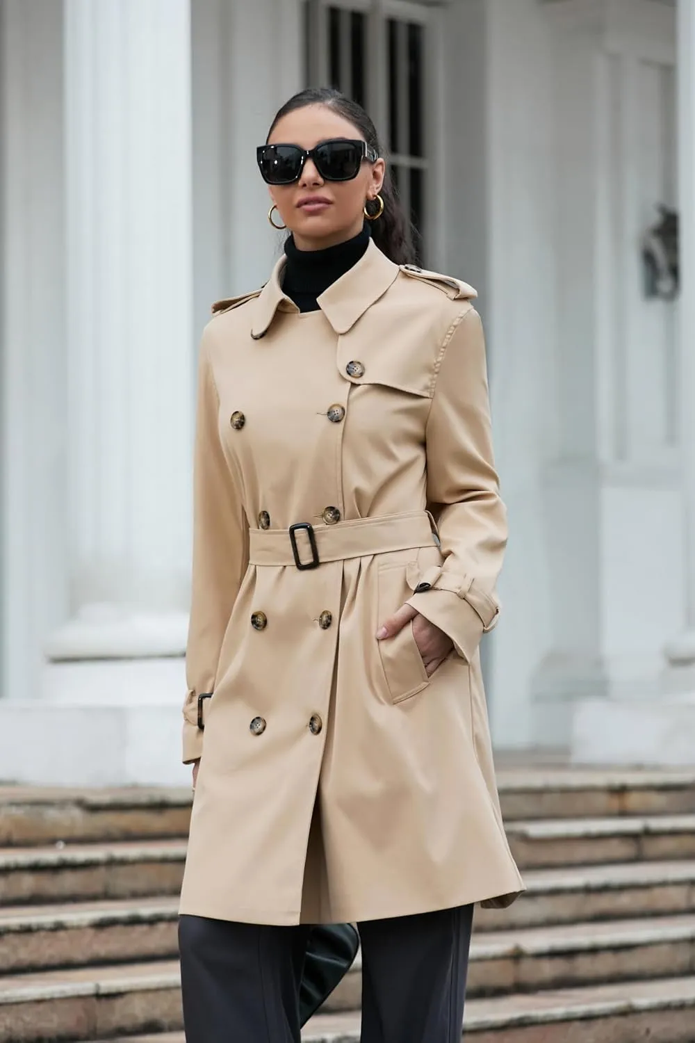 Betusline Women's Long Double-Breasted Waterproof Trench Coat with Belt