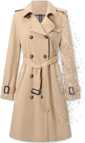 Betusline Women's Long Double-Breasted Waterproof Trench Coat with Belt