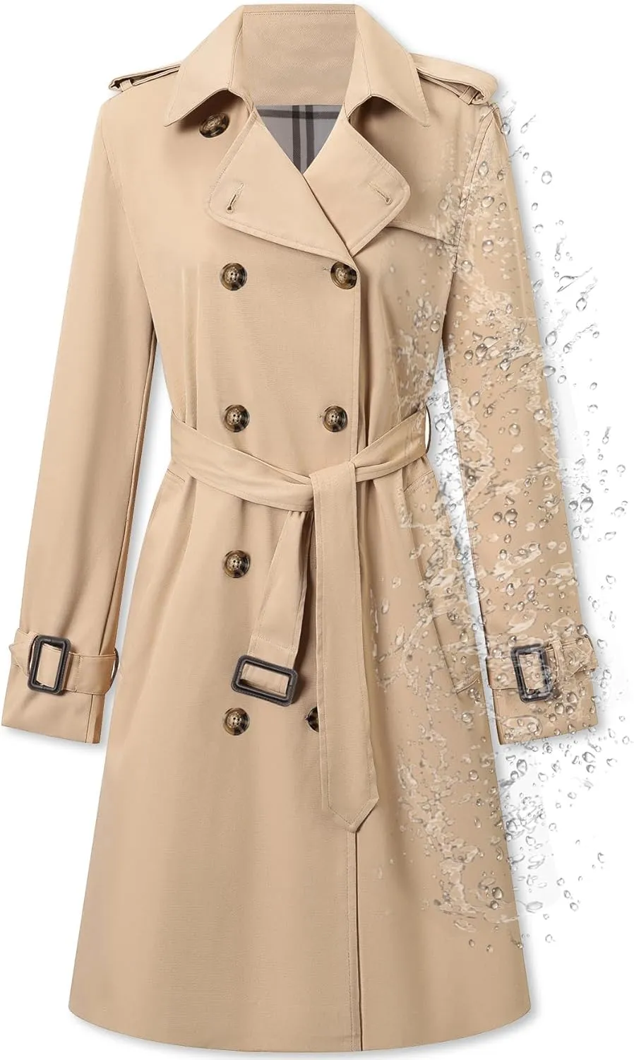 Betusline Women's Long Double-Breasted Waterproof Trench Coat with Belt