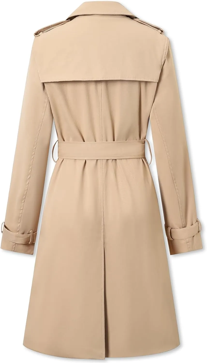 Betusline Women's Long Double-Breasted Waterproof Trench Coat with Belt