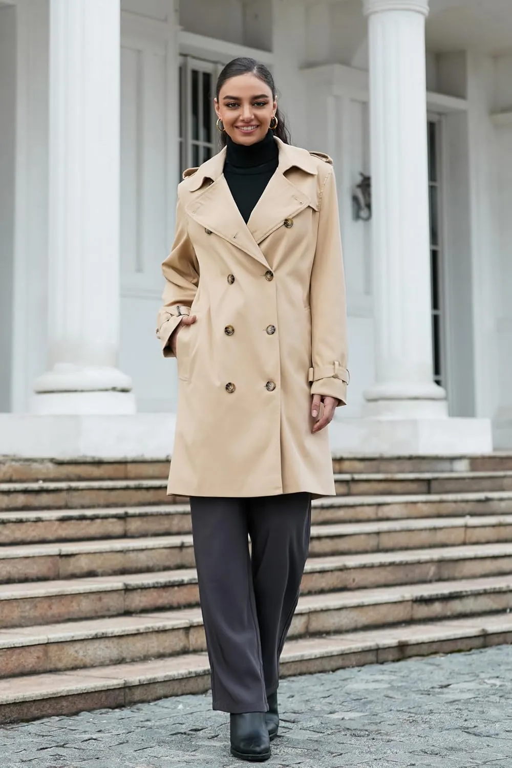 Betusline Women's Long Double-Breasted Waterproof Trench Coat with Belt