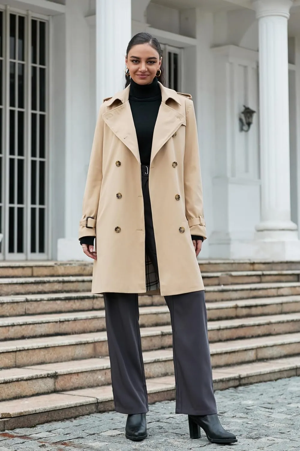 Betusline Women's Long Double-Breasted Waterproof Trench Coat with Belt
