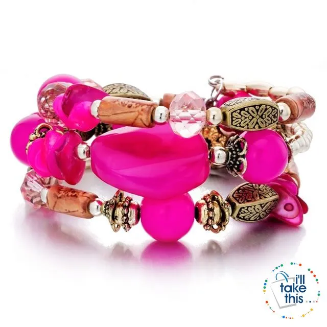Bohemian Bead/Charm Bracelet Multi-layered, Designed to give a modern stacked Look, 9 Color Options