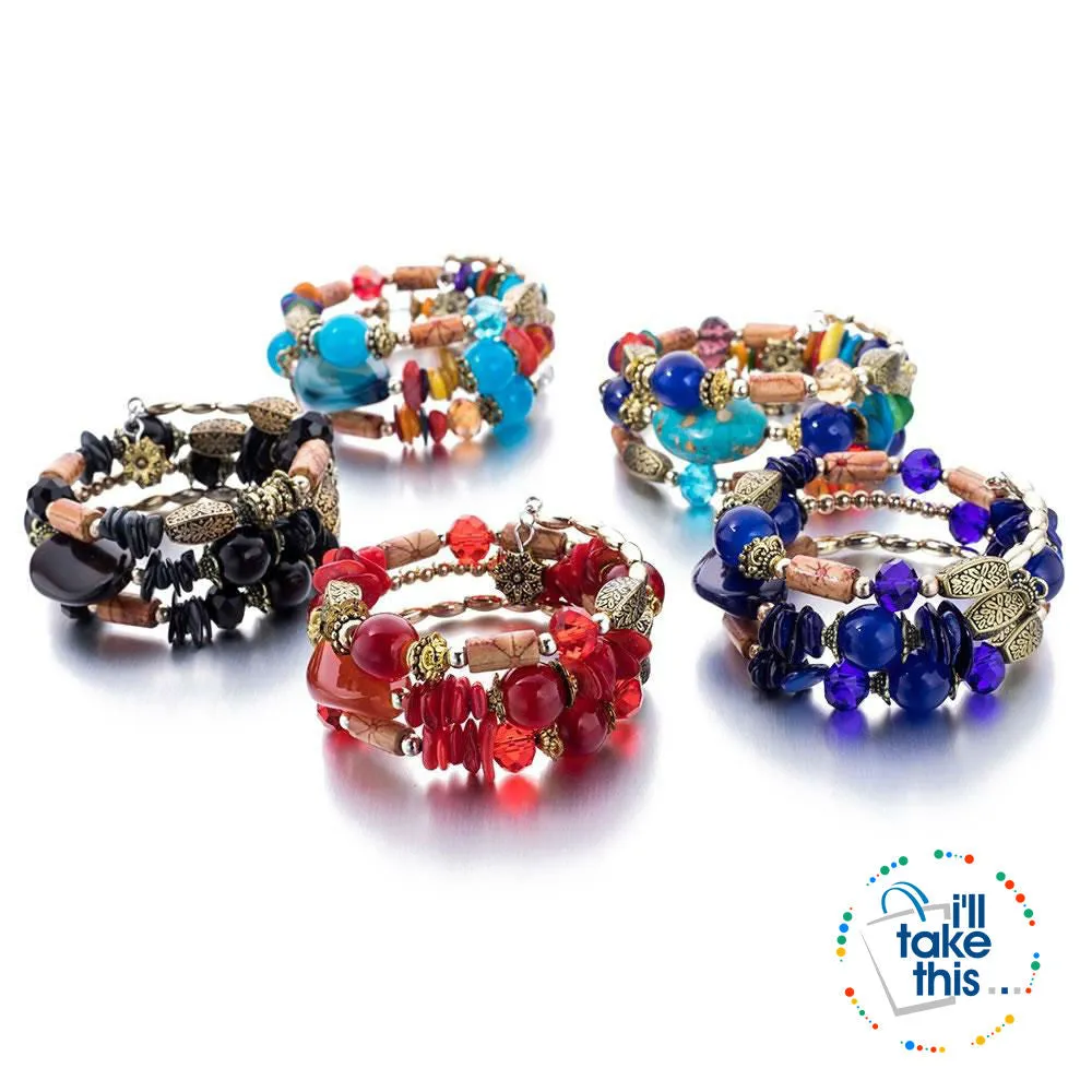 Bohemian Bead/Charm Bracelet Multi-layered, Designed to give a modern stacked Look, 9 Color Options