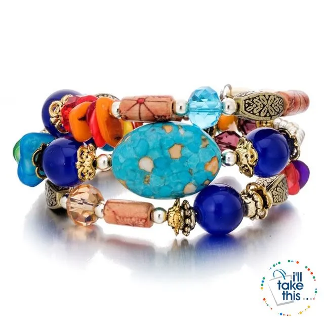 Bohemian Bead/Charm Bracelet Multi-layered, Designed to give a modern stacked Look, 9 Color Options