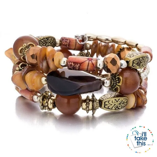 Bohemian Bead/Charm Bracelet Multi-layered, Designed to give a modern stacked Look, 9 Color Options