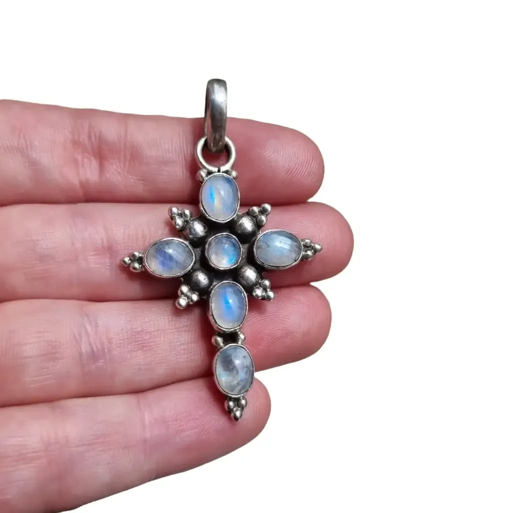 Boho silver and moonstone cross, religious vintage jewelry to give away.