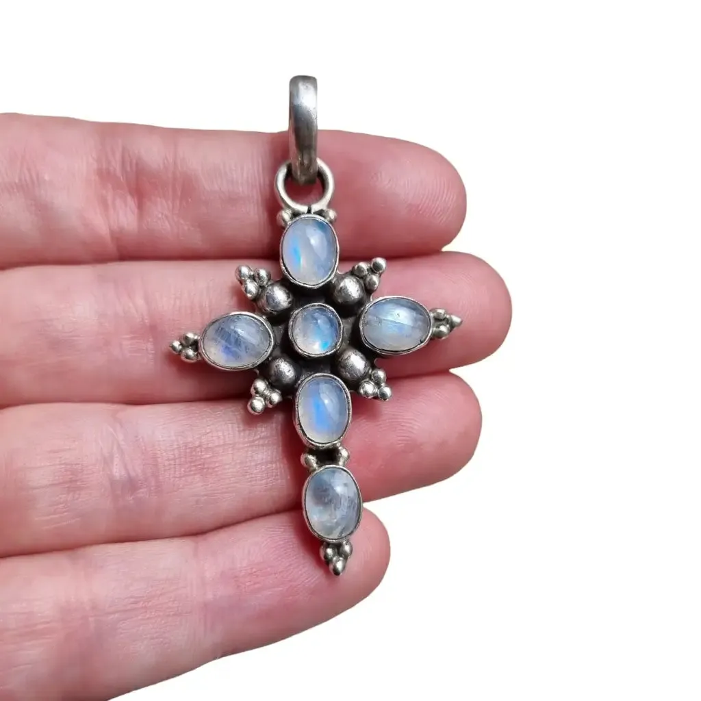 Boho silver and moonstone cross, religious vintage jewelry to give away.