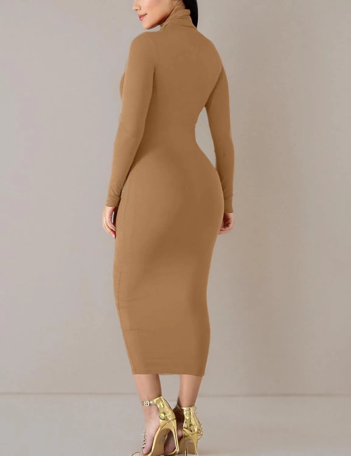 BORIFLORS Women's Sexy Basic Long Sleeve Turtleneck Bodycon Party Long Pencil Dress