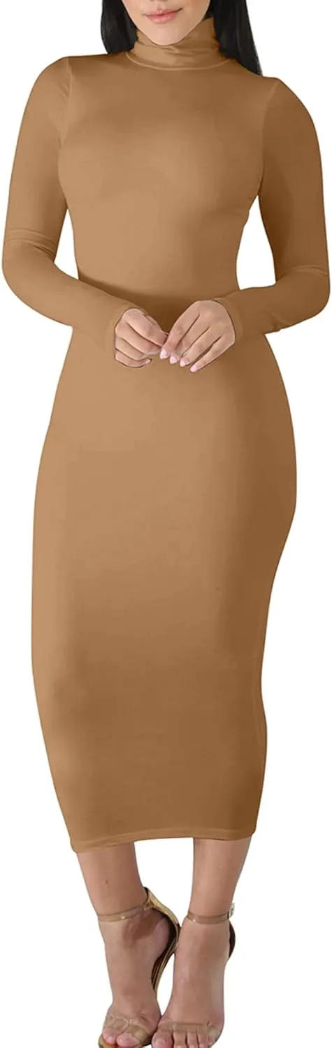 BORIFLORS Women's Sexy Basic Long Sleeve Turtleneck Bodycon Party Long Pencil Dress