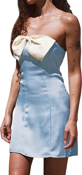 Cantonwalker Womens Satin Strapless Side Slit Stretch Bodycon Party Mini Dresses