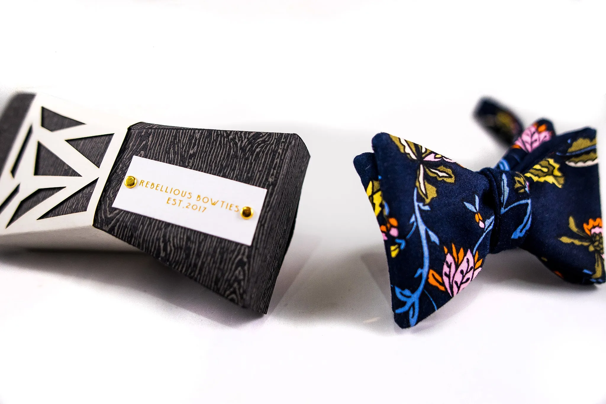 Dark Blue With Pink And Green Floral Cotton Sateen Bow Tie-Butterfly