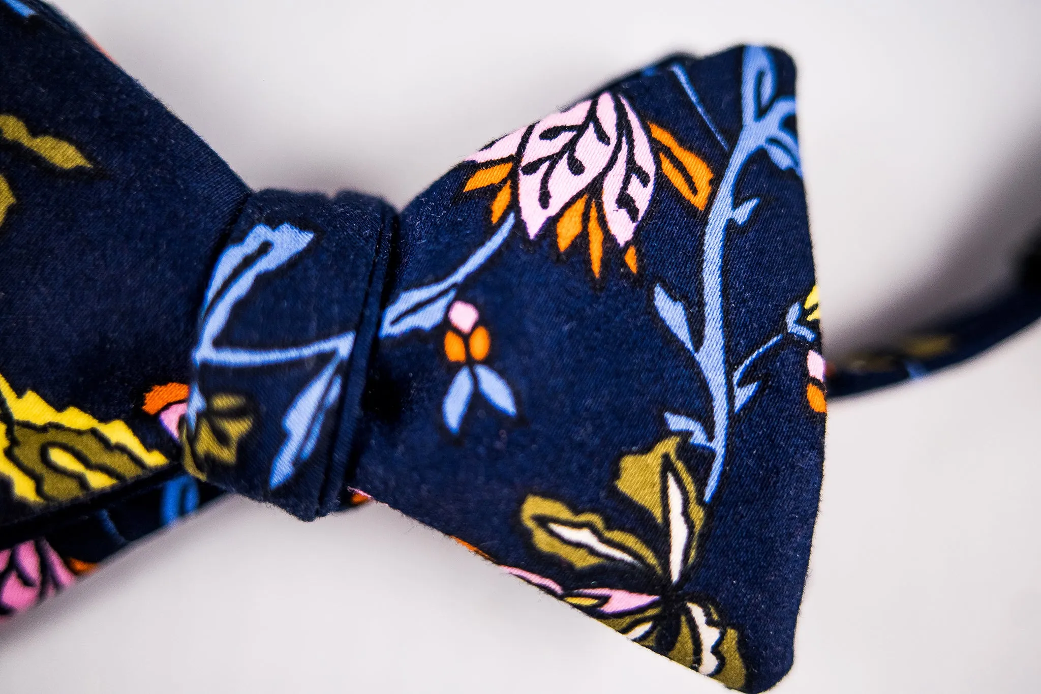 Dark Blue With Pink And Green Floral Cotton Sateen Bow Tie-Butterfly