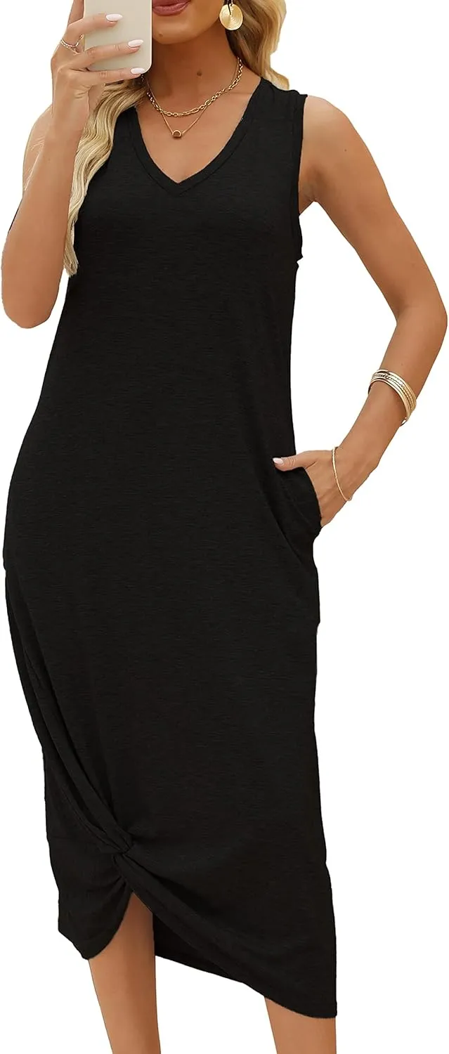 DEEP SELF Women's Casual V Neck Twist Knot Front Sleeveless Long Dress Summer Beach Tank Ankle Length Dresses with Pockets