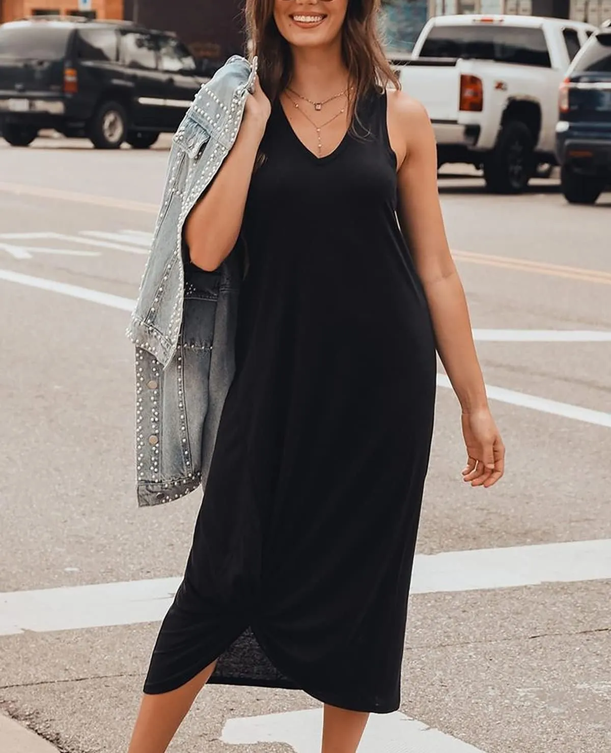DEEP SELF Women's Casual V Neck Twist Knot Front Sleeveless Long Dress Summer Beach Tank Ankle Length Dresses with Pockets