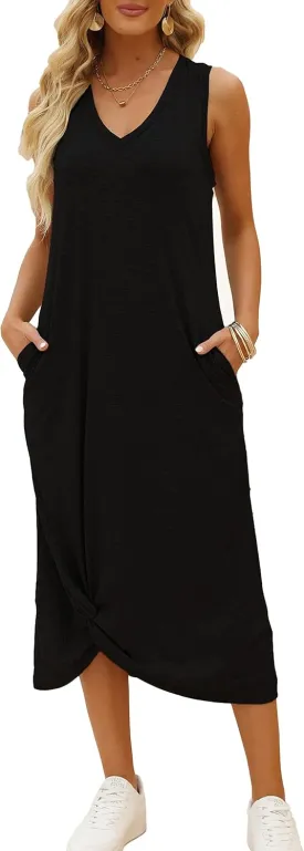 DEEP SELF Women's Casual V Neck Twist Knot Front Sleeveless Long Dress Summer Beach Tank Ankle Length Dresses with Pockets