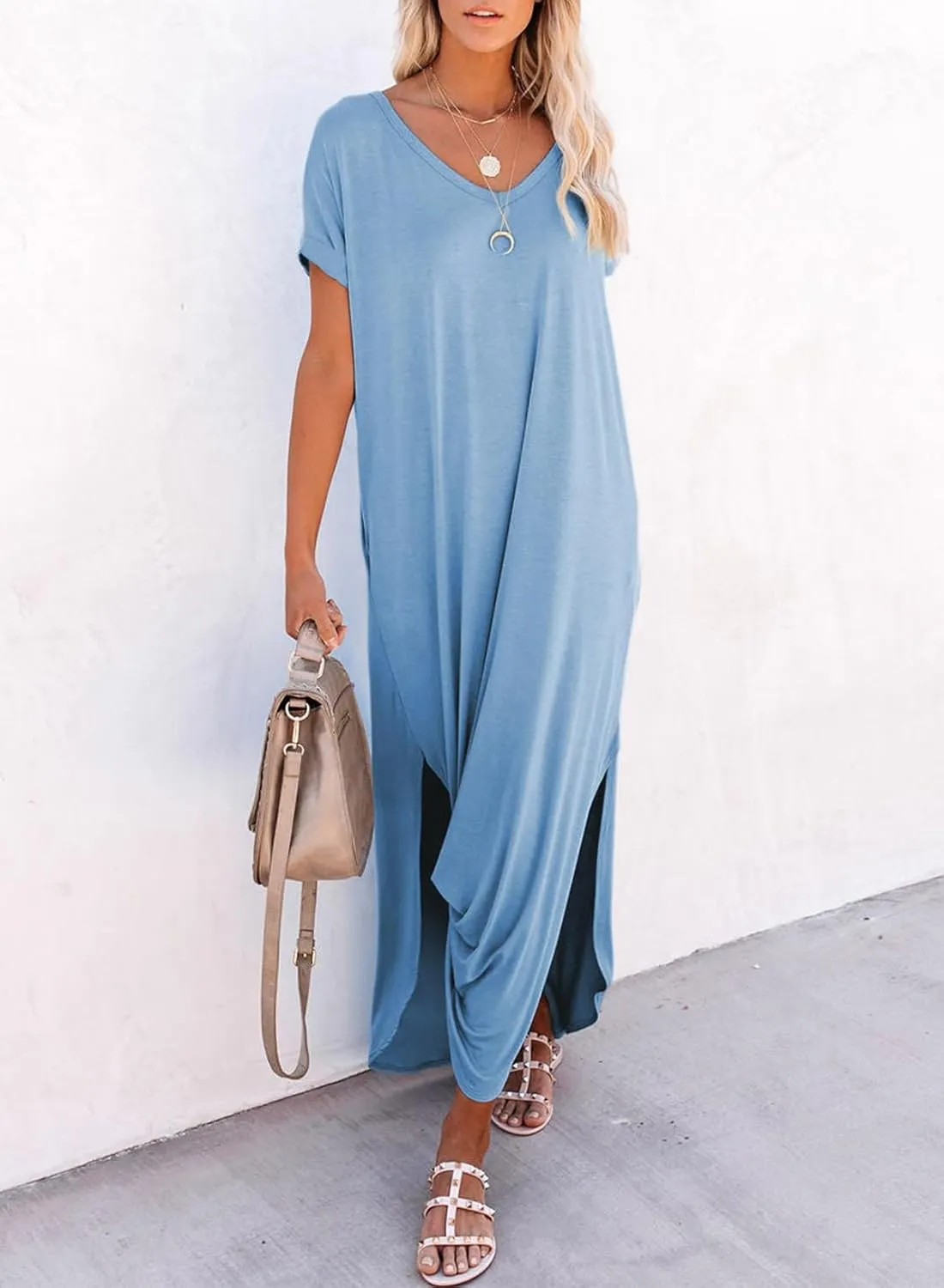 Dokotoo Womens Summer Dresses 2025 Short Sleeve Long T Shirt Dress Split Maxi Dress Beach Sundresses with Pockets