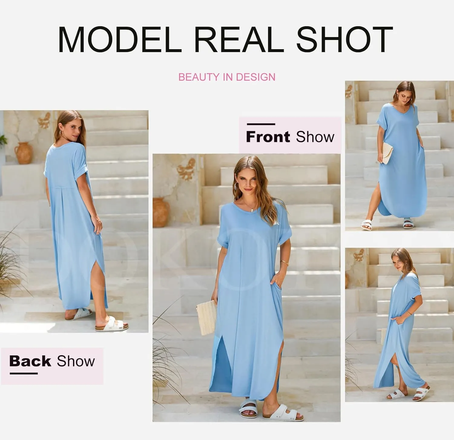 Dokotoo Womens Summer Dresses 2025 Short Sleeve Long T Shirt Dress Split Maxi Dress Beach Sundresses with Pockets