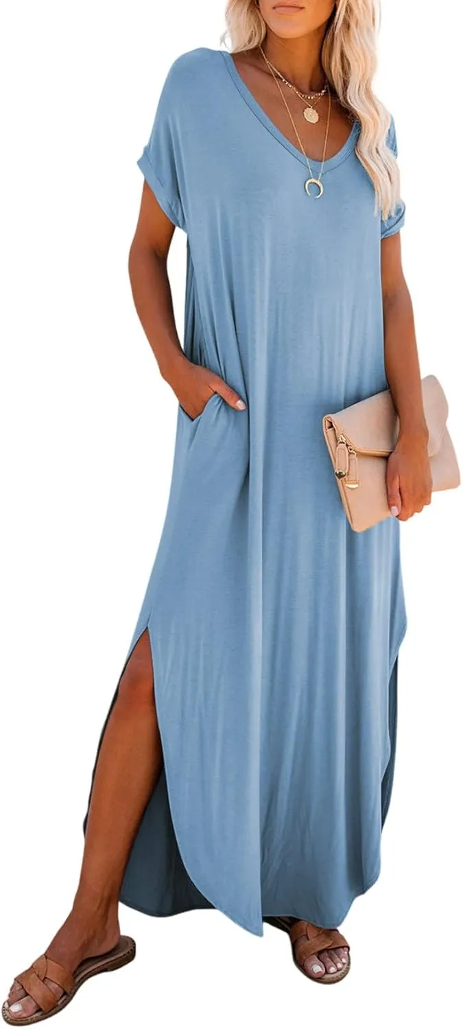 Dokotoo Womens Summer Dresses 2025 Short Sleeve Long T Shirt Dress Split Maxi Dress Beach Sundresses with Pockets