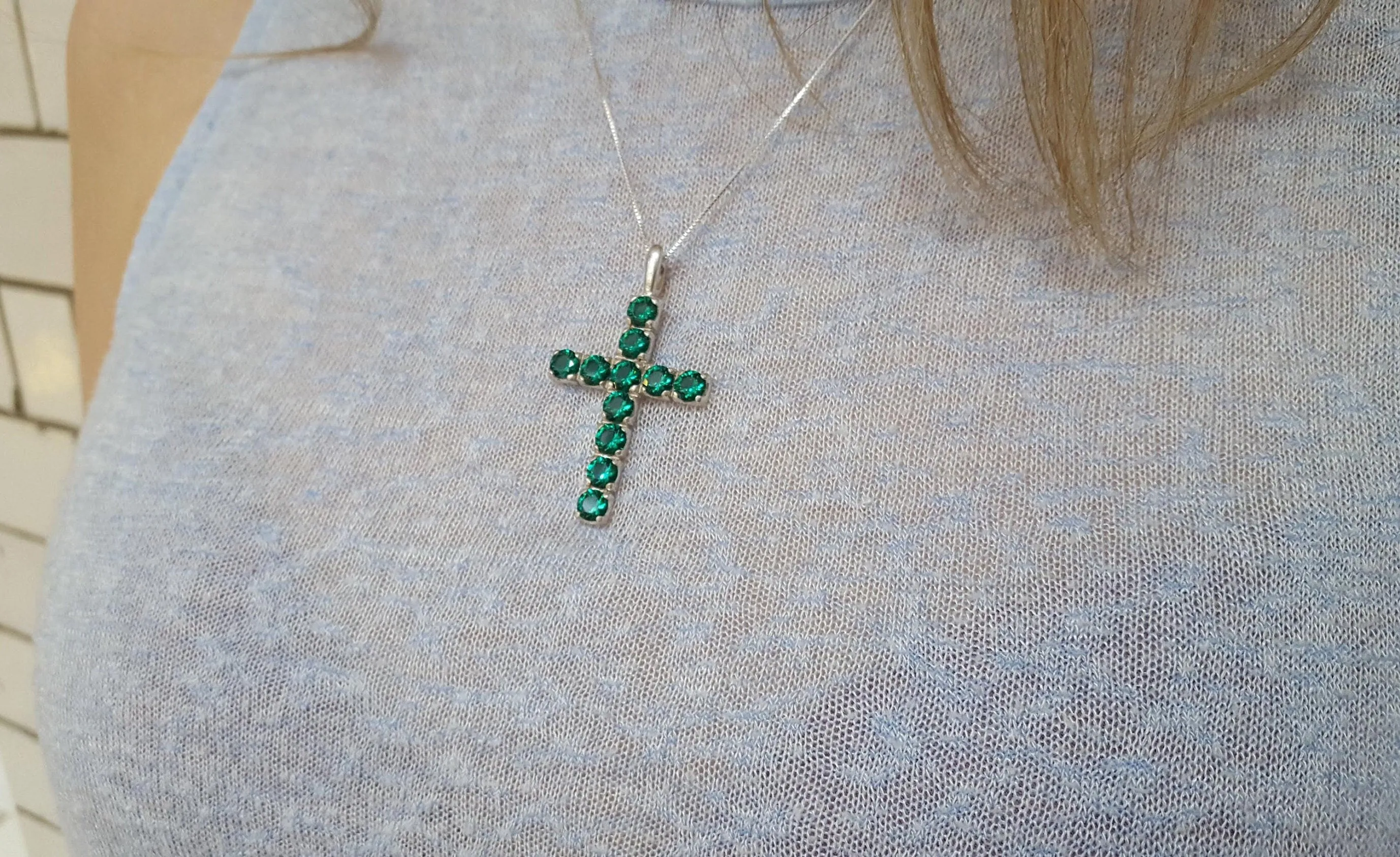 Green Cross Pendant - Chrome Diopside Necklace - Statement Cross Necklace