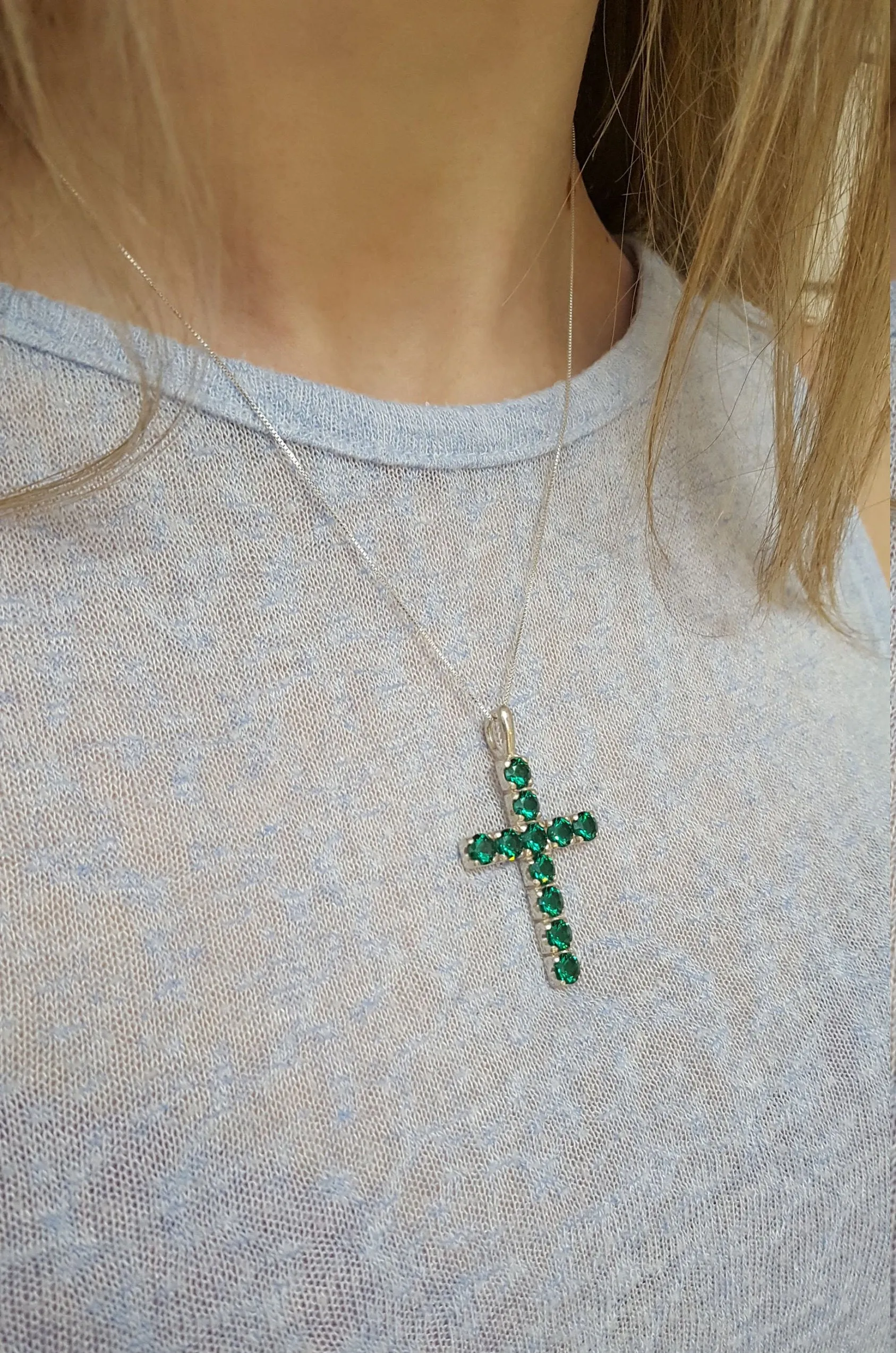 Green Cross Pendant - Chrome Diopside Necklace - Statement Cross Necklace