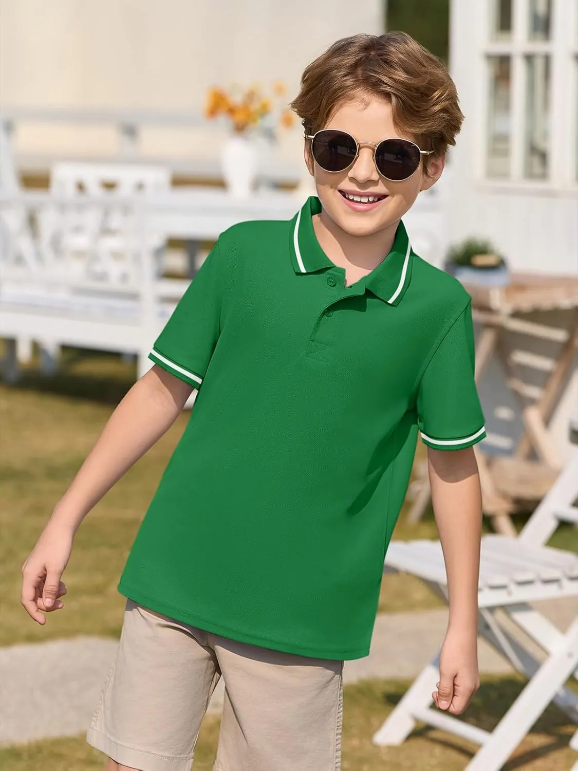 Haloumoning Kids Boys Short Sleeve School Uniform String Pique Polo Shirts 5-14 Years