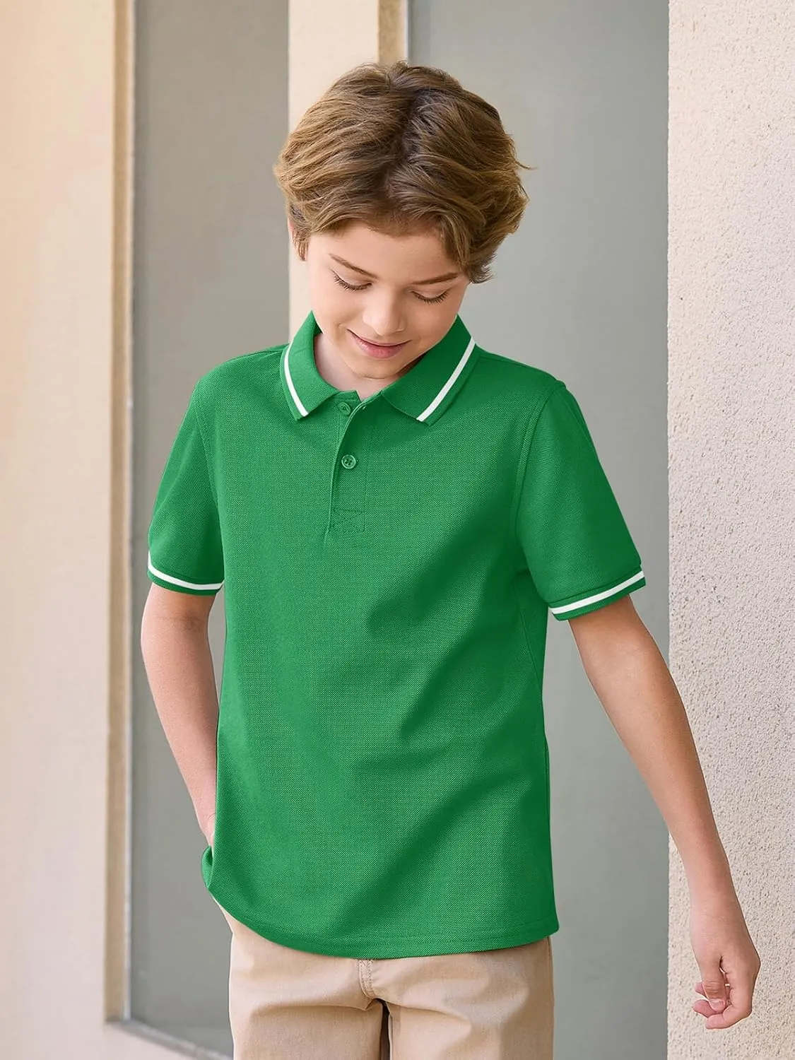 Haloumoning Kids Boys Short Sleeve School Uniform String Pique Polo Shirts 5-14 Years