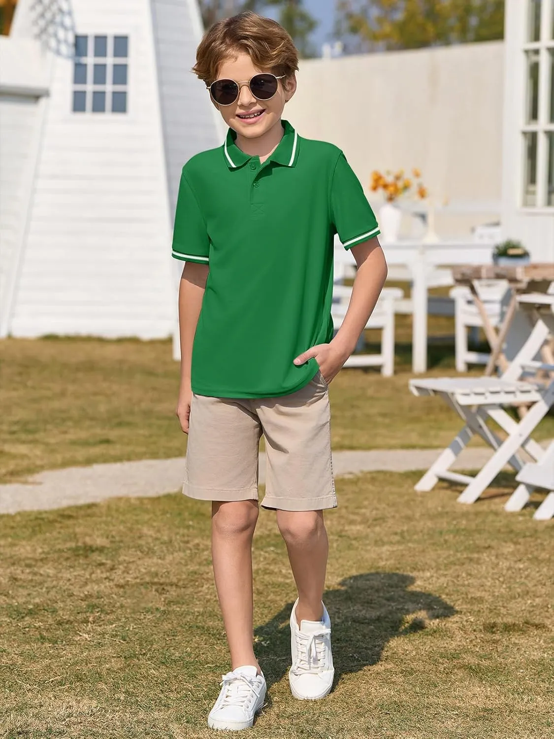 Haloumoning Kids Boys Short Sleeve School Uniform String Pique Polo Shirts 5-14 Years