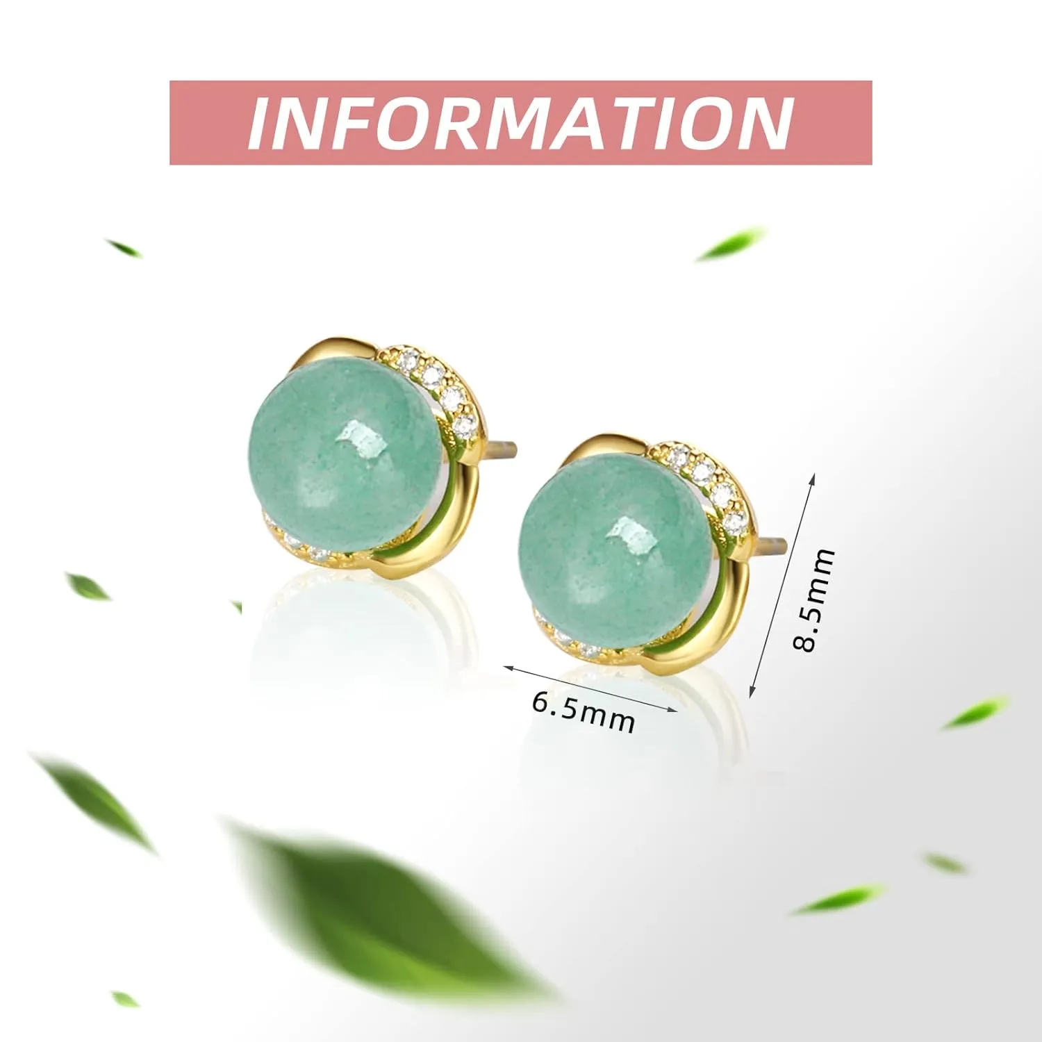 Jade Stud Earrings, Green Jade Earrings for Women, 925 Sterling Silver Stud Earrings for Sensitive Ears, Back to School Good Luck Gift