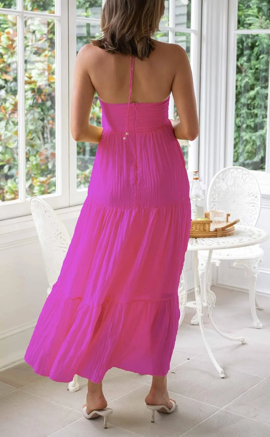 Juakoso Women Sexy Sleeveless Halter Neck Maxi Dress Backless Ruffle Hem Tiered Flowy Long Dress Summer Low Cut Sundress