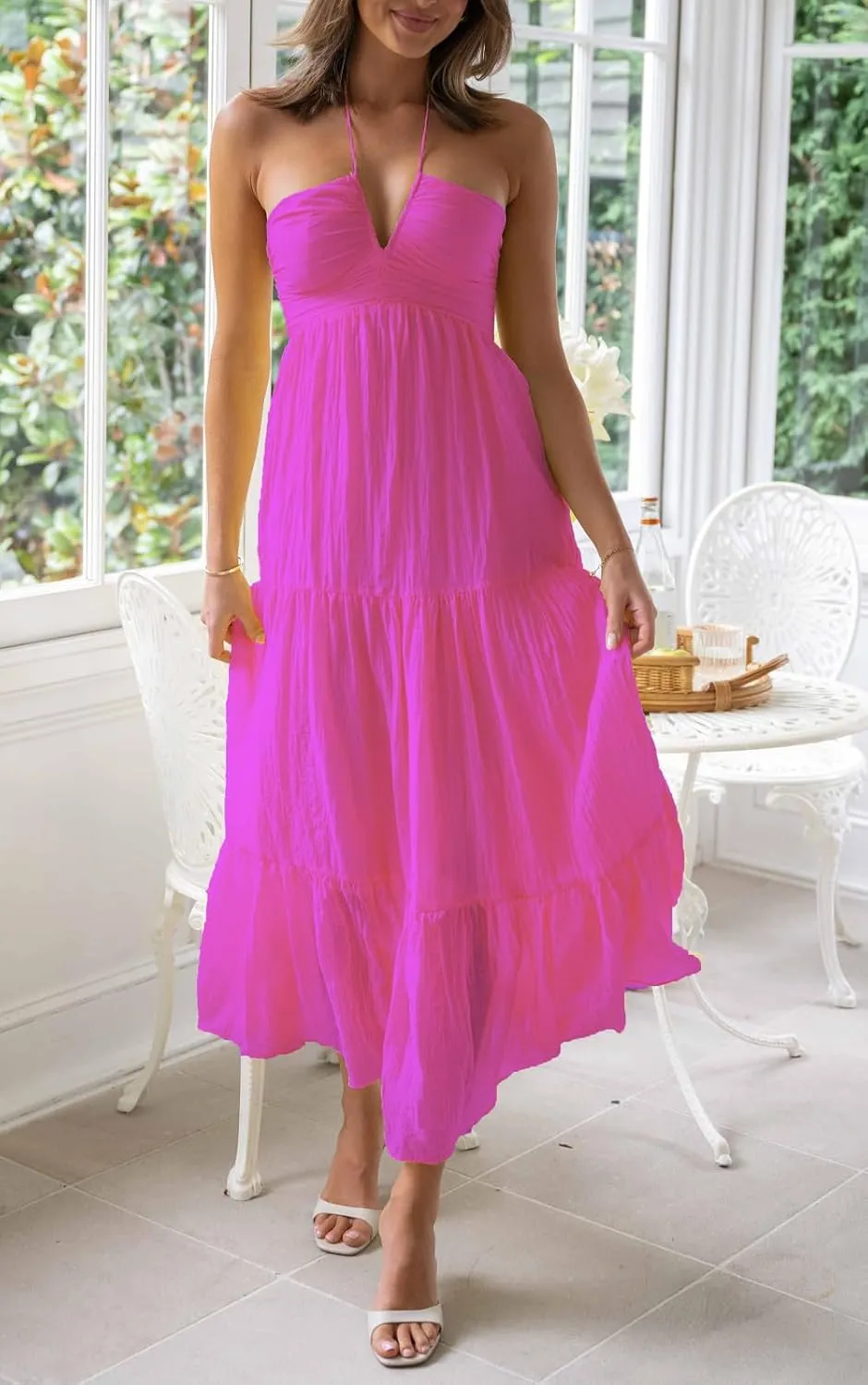Juakoso Women Sexy Sleeveless Halter Neck Maxi Dress Backless Ruffle Hem Tiered Flowy Long Dress Summer Low Cut Sundress