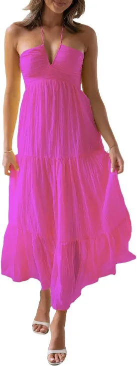 Juakoso Women Sexy Sleeveless Halter Neck Maxi Dress Backless Ruffle Hem Tiered Flowy Long Dress Summer Low Cut Sundress
