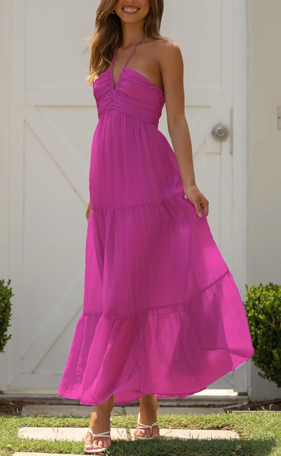 Juakoso Women Sexy Sleeveless Halter Neck Maxi Dress Backless Ruffle Hem Tiered Flowy Long Dress Summer Low Cut Sundress