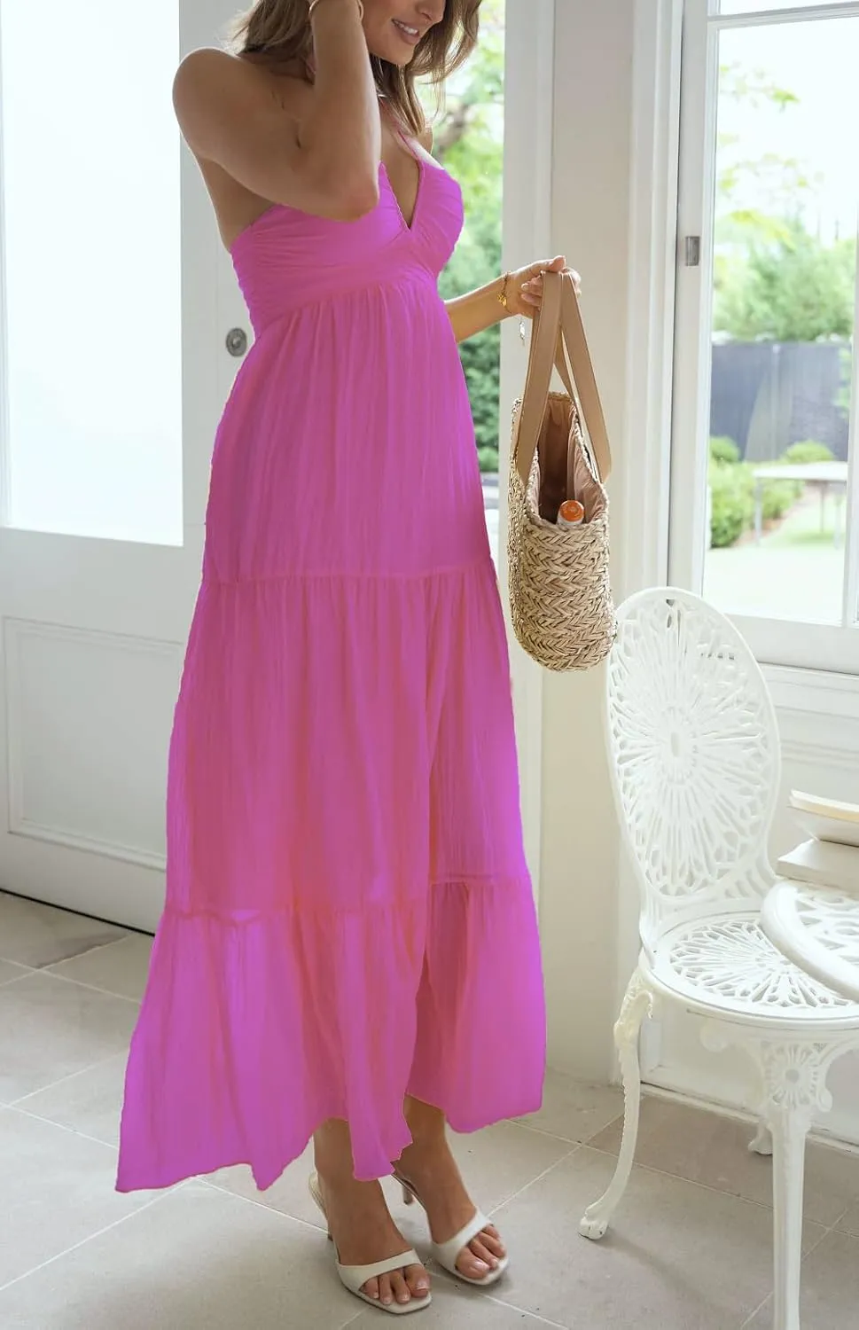 Juakoso Women Sexy Sleeveless Halter Neck Maxi Dress Backless Ruffle Hem Tiered Flowy Long Dress Summer Low Cut Sundress
