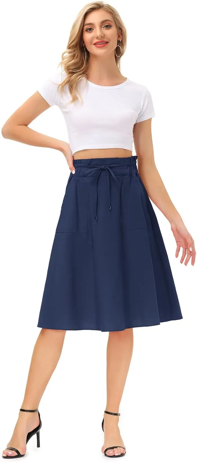 KANCY KOLE Women Casual Cotton Linen Skirts Frill Tie Waist A-Line Midi Skirt with Pockets S-XXL