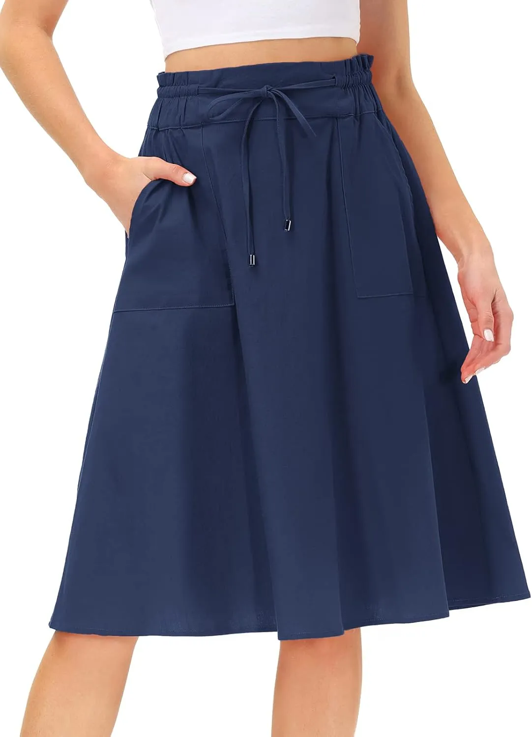 KANCY KOLE Women Casual Cotton Linen Skirts Frill Tie Waist A-Line Midi Skirt with Pockets S-XXL