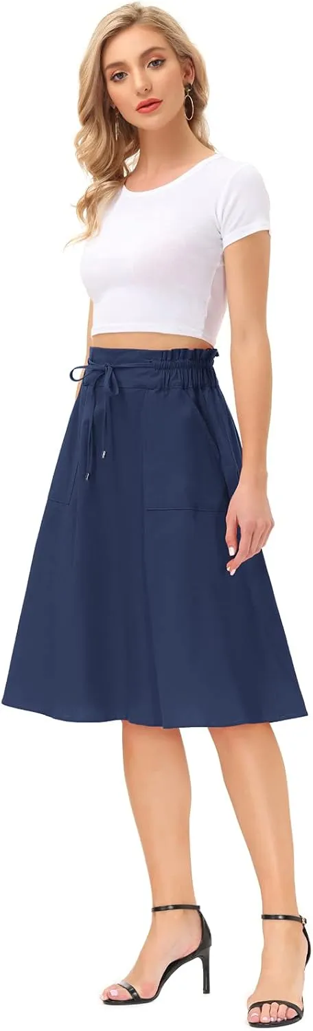 KANCY KOLE Women Casual Cotton Linen Skirts Frill Tie Waist A-Line Midi Skirt with Pockets S-XXL
