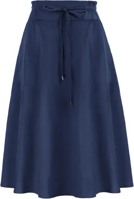 KANCY KOLE Women Casual Cotton Linen Skirts Frill Tie Waist A-Line Midi Skirt with Pockets S-XXL