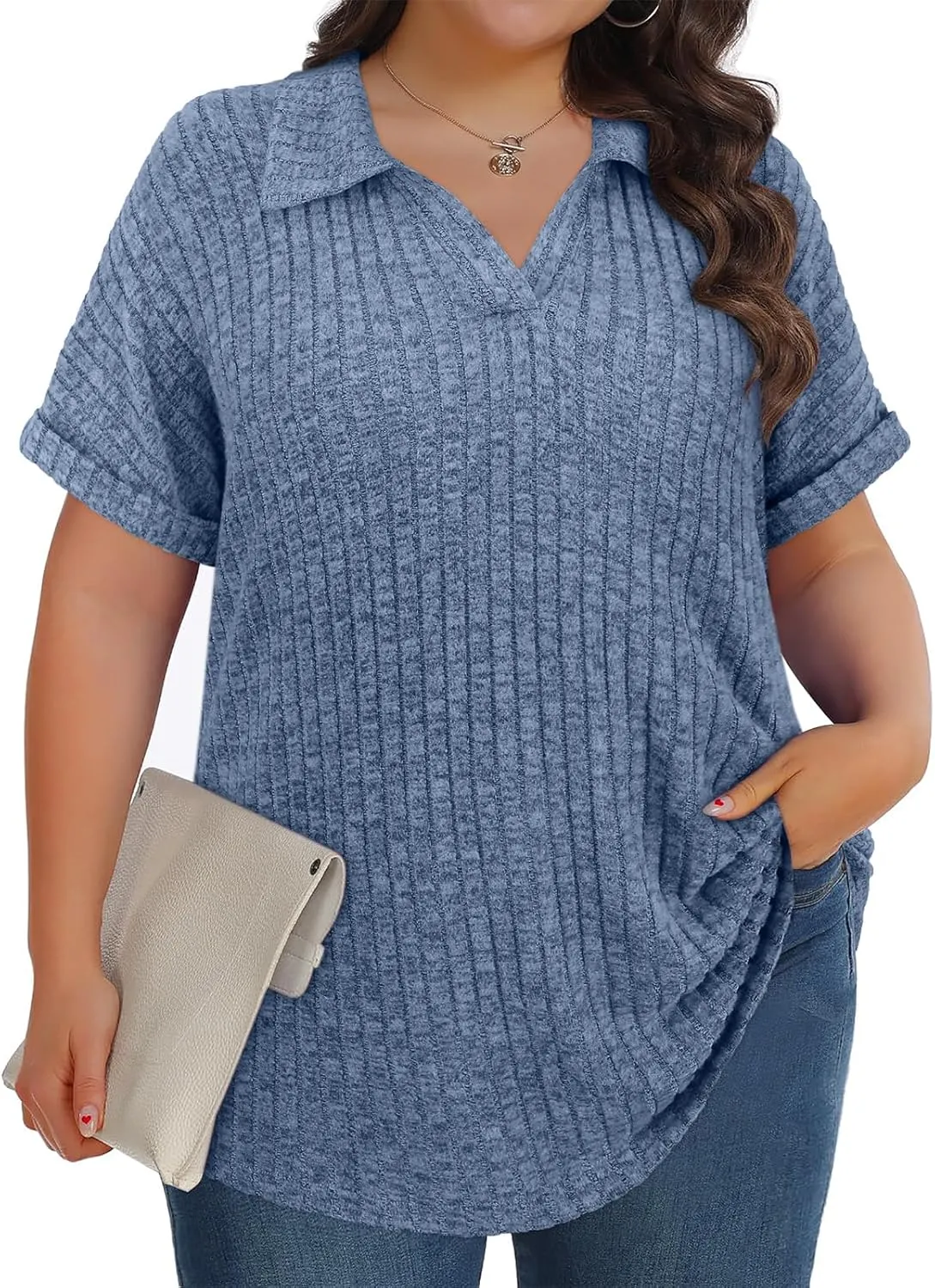 Koscacy Womens Plus Size Tops Short Sleeve Tunic Lapel V Neck Shirts Summer Casual Loose Blouse