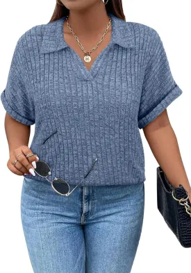 Koscacy Womens Plus Size Tops Short Sleeve Tunic Lapel V Neck Shirts Summer Casual Loose Blouse