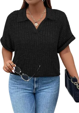 Koscacy Womens Plus Size Tops Short Sleeve Tunic Lapel V Neck Shirts Summer Casual Loose Blouse