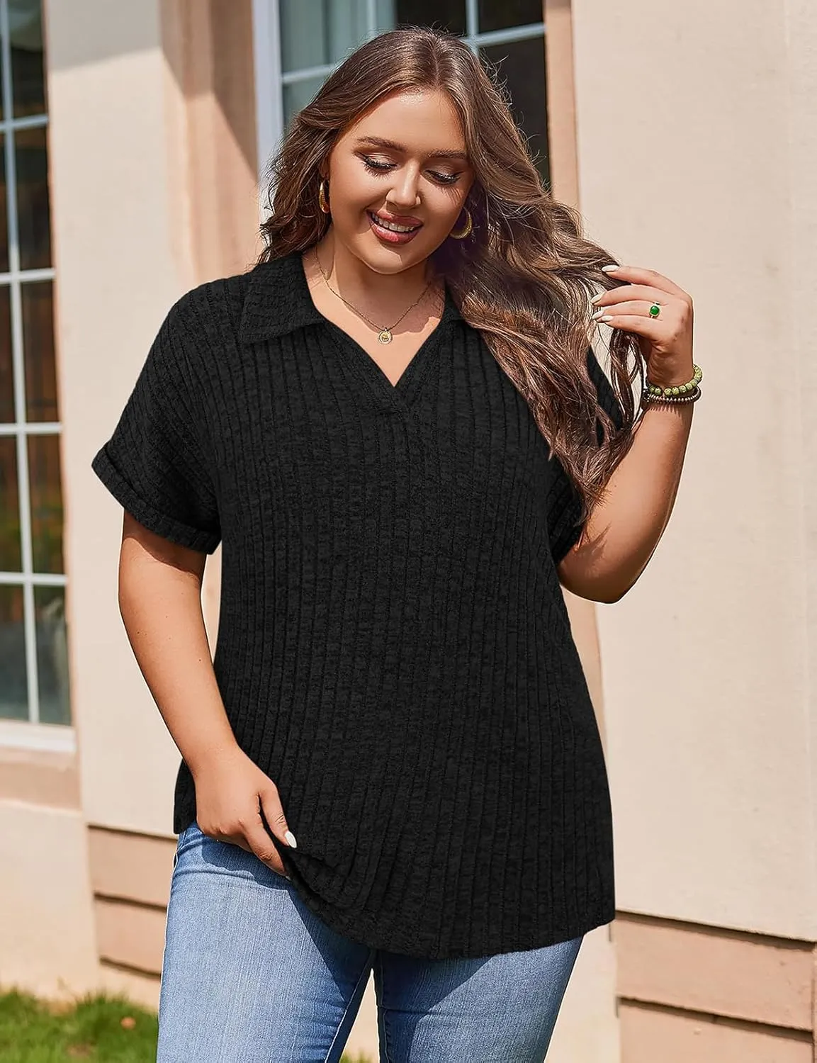 Koscacy Womens Plus Size Tops Short Sleeve Tunic Lapel V Neck Shirts Summer Casual Loose Blouse